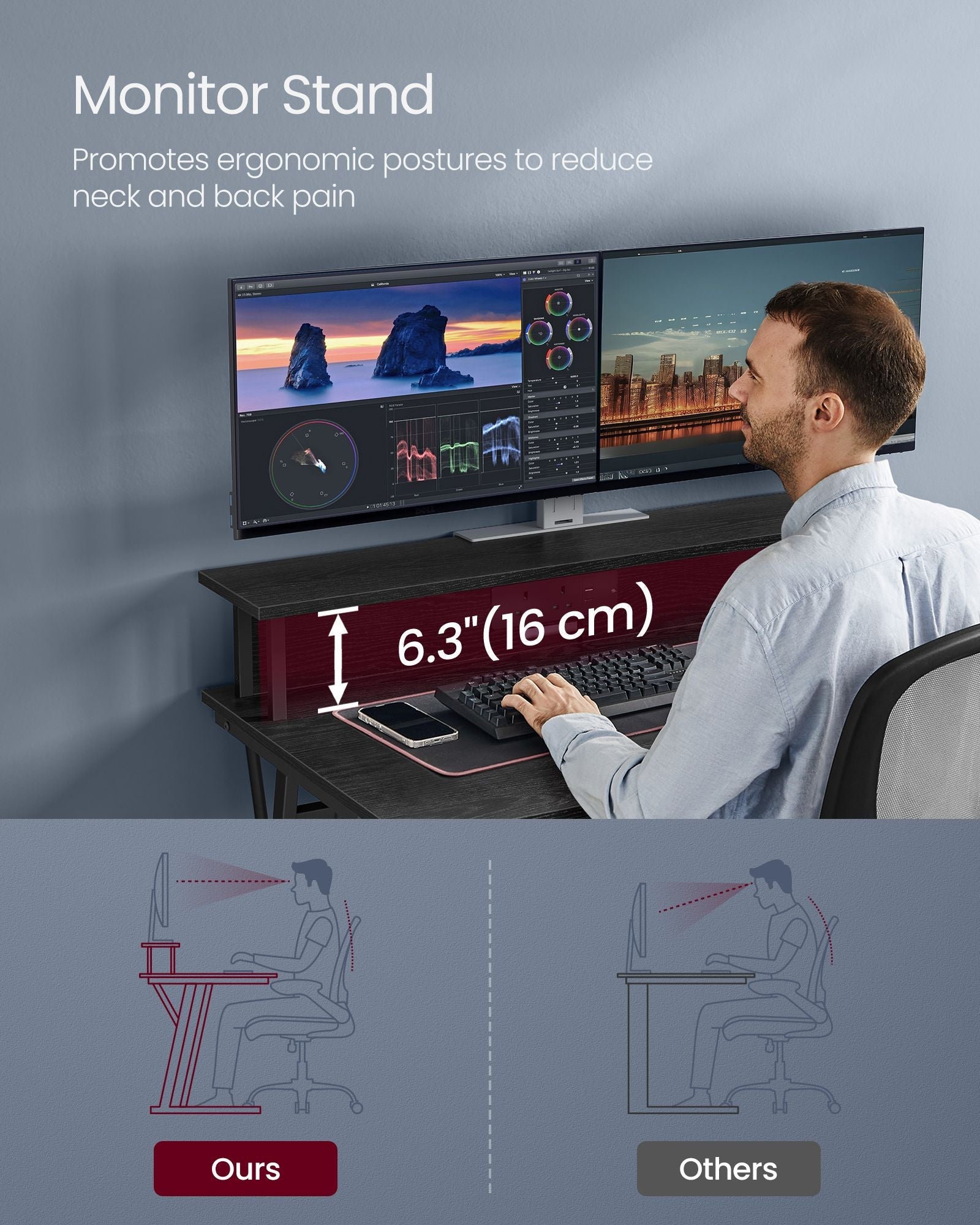 Gaming Desk – MDF and Steel – Black – LED Lighting and Built-In Power Outlets, Monitor Shelf