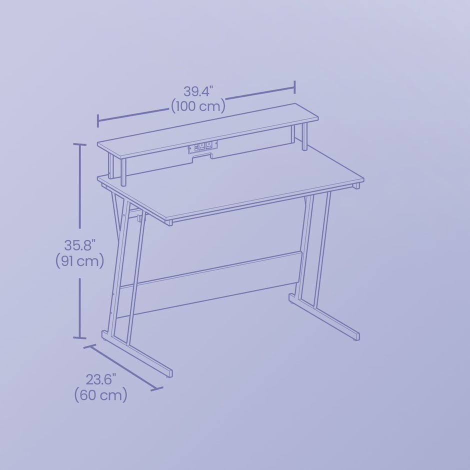 Computer Desk – Engineered Wood – Black – LED Lights and Built-In Power Outlets, Monitor Shelf