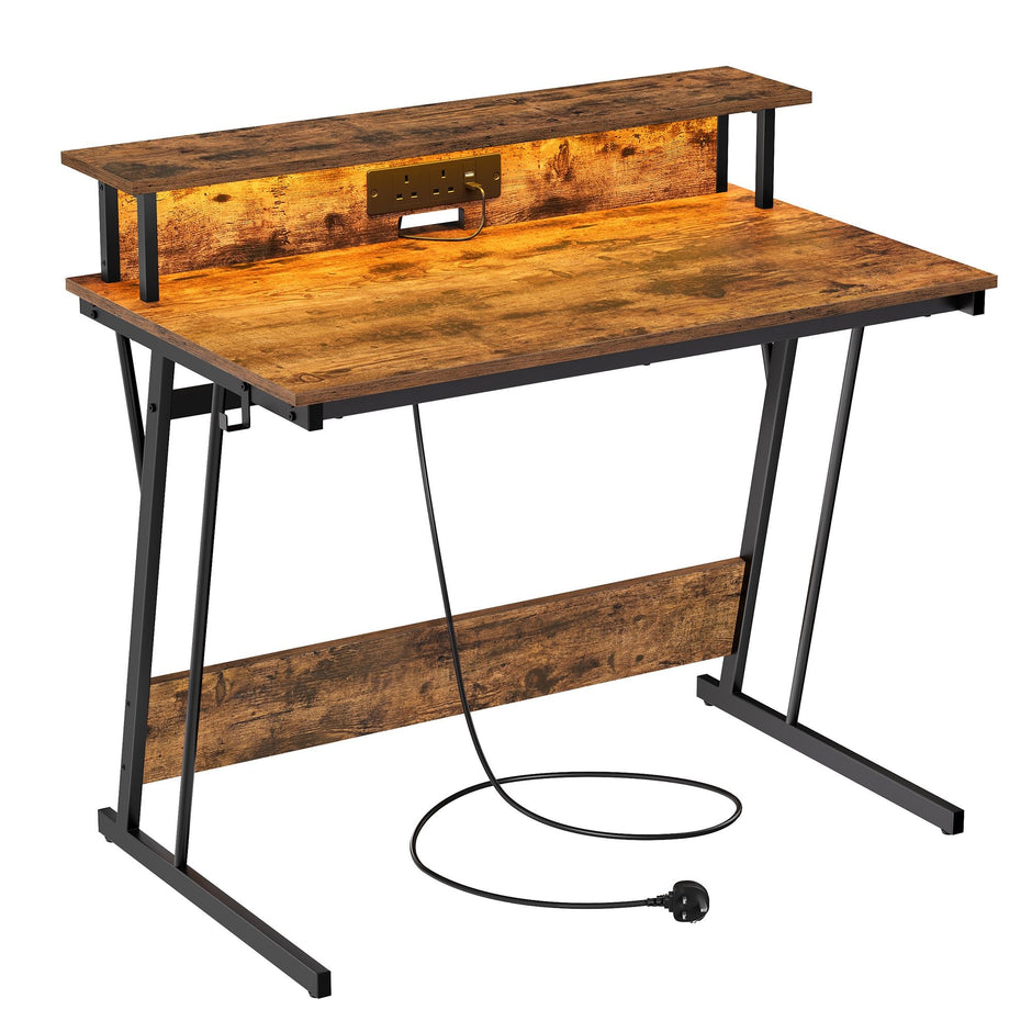Gaming Desk – Wood – Black – LED Lights and Built-In Power Outlets, Monitor Shelf, Suitable for 2 Monitors