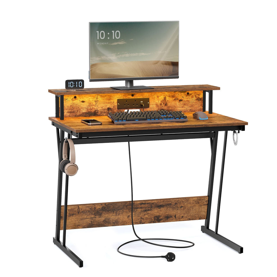 Gaming Desk – Wood – Black – LED Lights and Built-In Power Outlets, Monitor Shelf, Suitable for 2 Monitors
