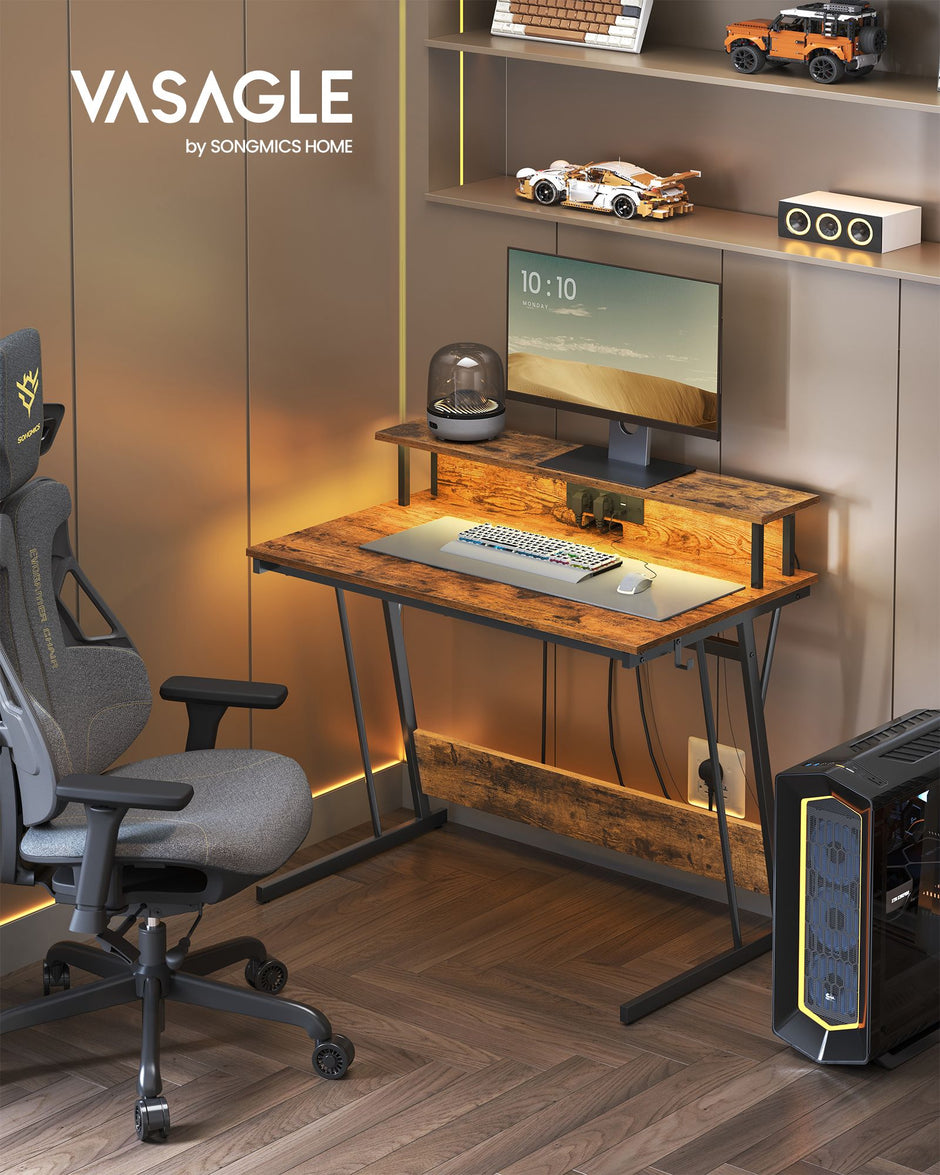 Gaming Desk – Wood – Black – LED Lights and Built-In Power Outlets, Monitor Shelf, Suitable for 2 Monitors