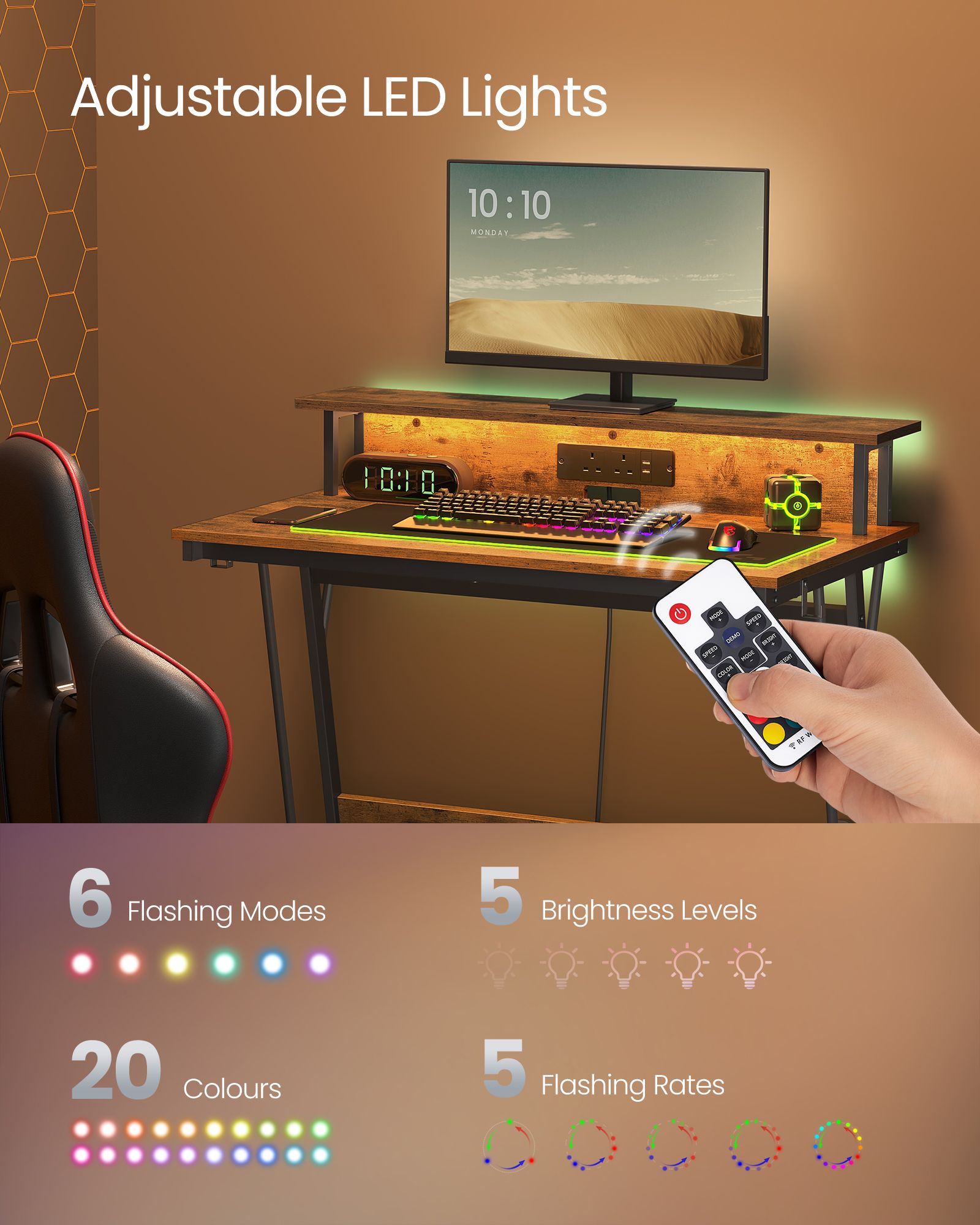 Gaming Desk – Wood – Black – LED Lights and Built-In Power Outlets, Monitor Shelf, Suitable for 2 Monitors