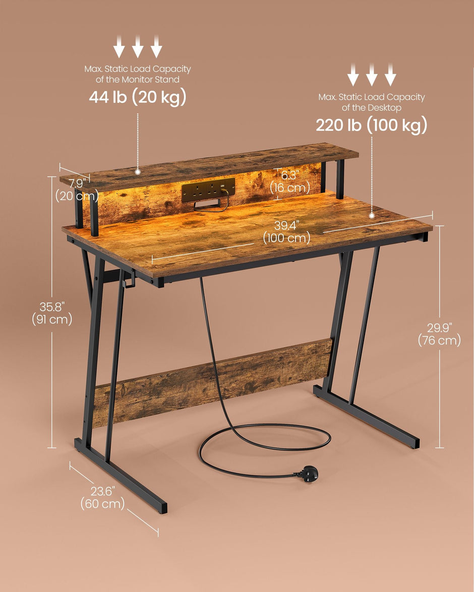 Gaming Desk – Wood – Black – LED Lights and Built-In Power Outlets, Monitor Shelf, Suitable for 2 Monitors