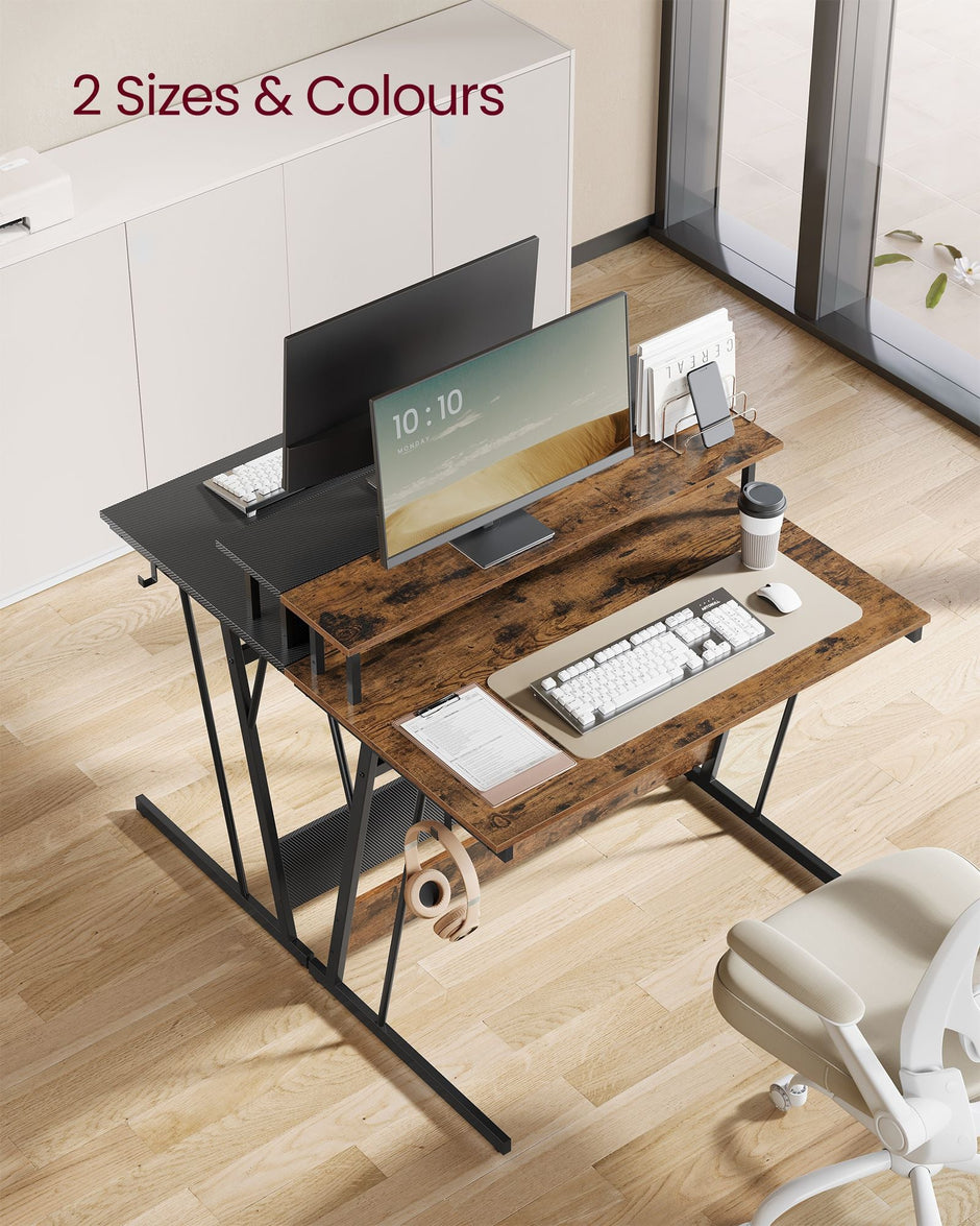 Gaming Desk – Wood – Black – LED Lights and Built-In Power Outlets, Monitor Shelf, Suitable for 2 Monitors