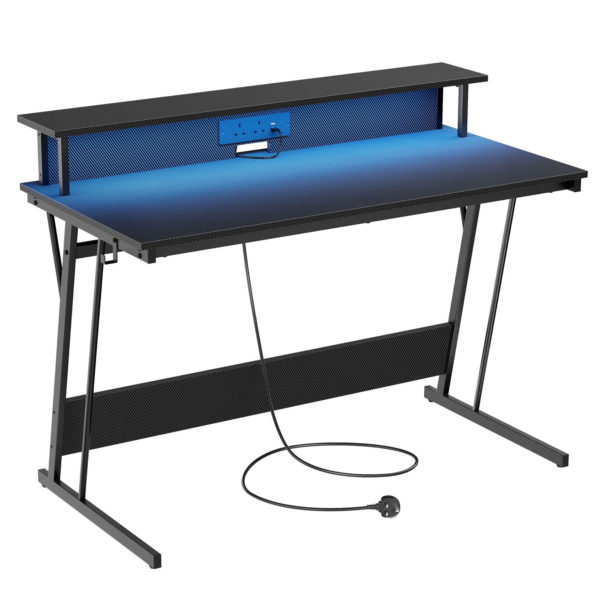 Gaming Desk – Carbon Black – With LED Lights and Built-In Power Outlets, Monitor Shelf for Dual Monitors