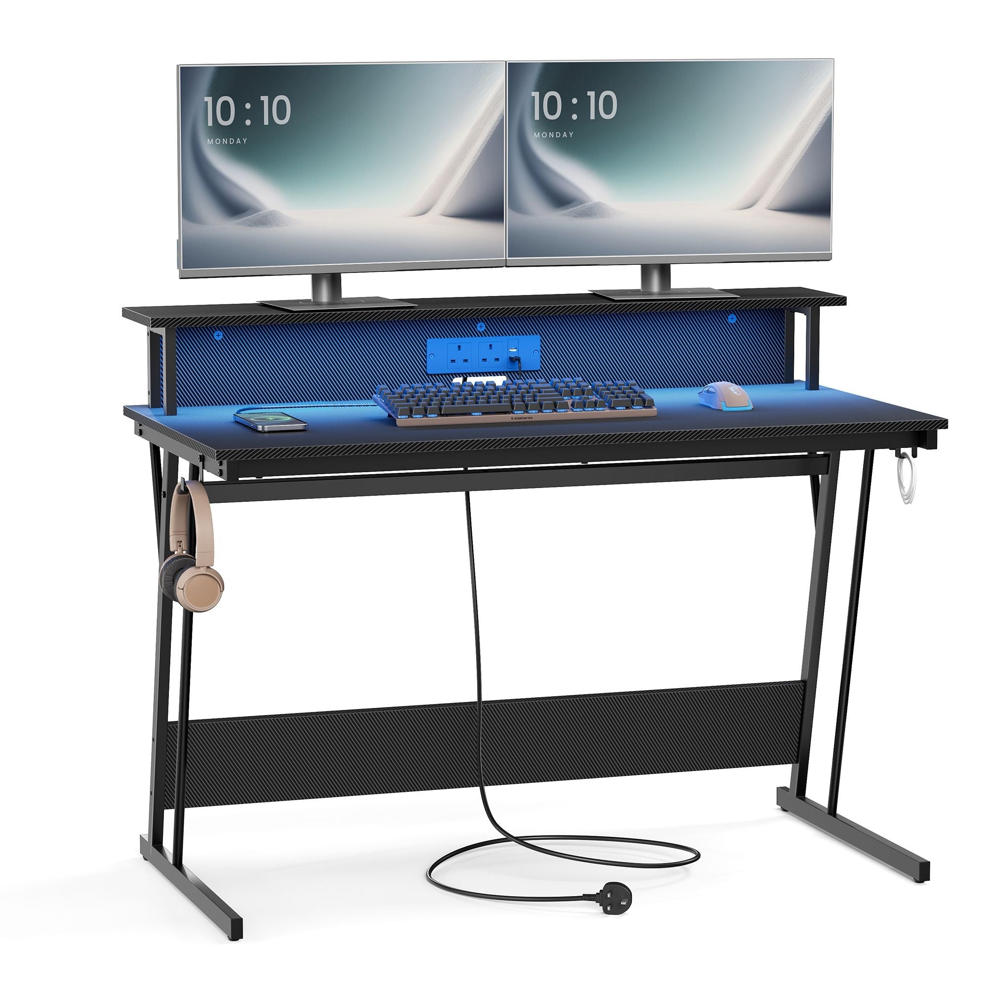Gaming Desk – Carbon Black – With LED Lights and Built-In Power Outlets, Monitor Shelf for Dual Monitors