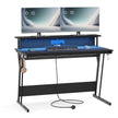 Gaming Desk – Carbon Black – With LED Lights and Built-In Power Outlets, Monitor Shelf for Dual Monitors