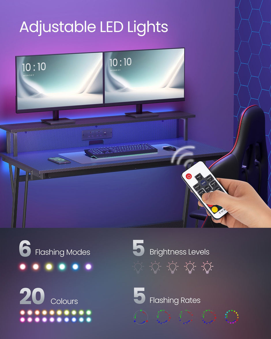Gaming Desk – Carbon Black – With LED Lights and Built-In Power Outlets, Monitor Shelf for Dual Monitors