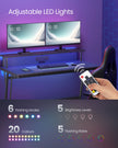 Gaming Desk – Carbon Black – With LED Lights and Built-In Power Outlets, Monitor Shelf for Dual Monitors