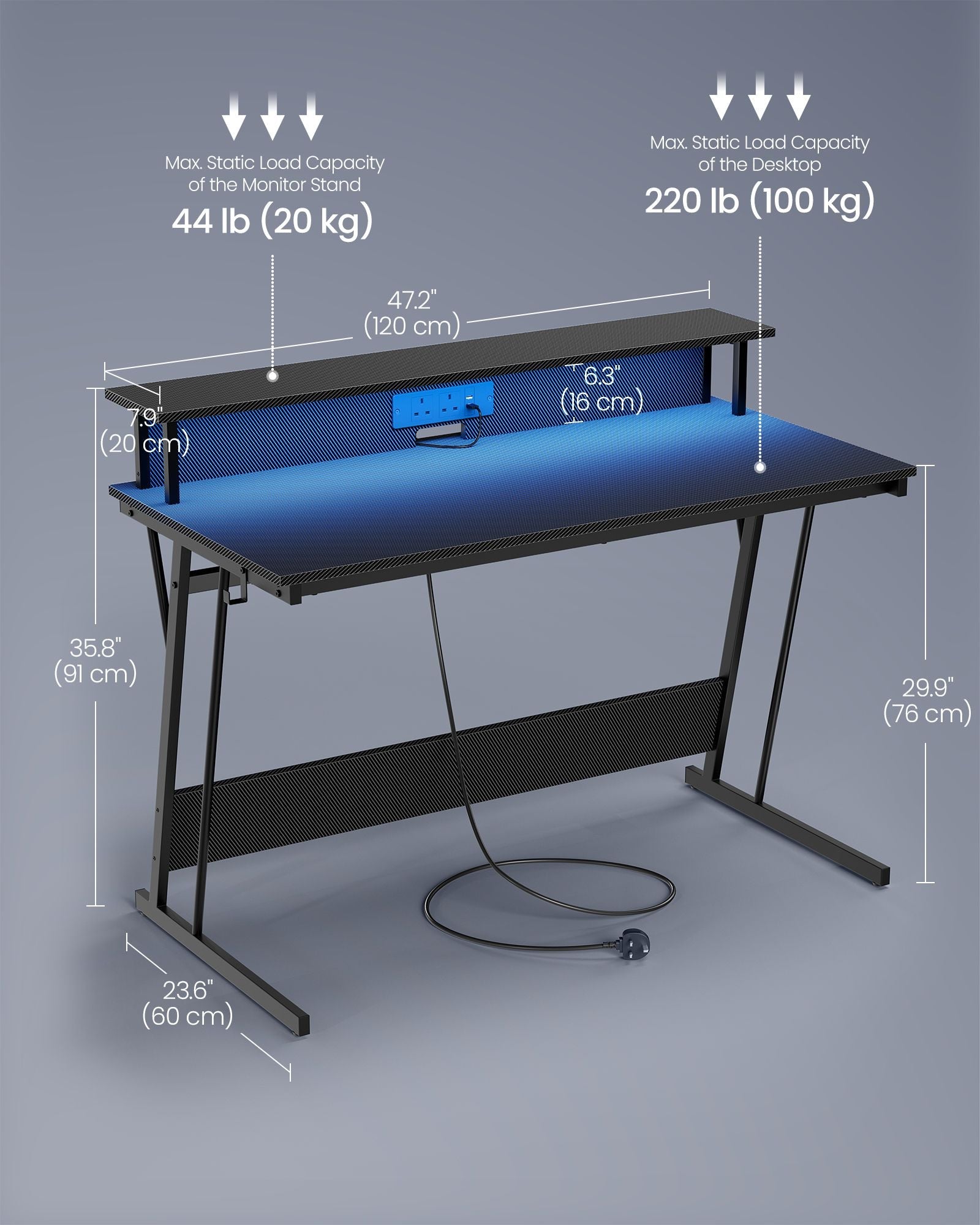 Gaming Desk – Carbon Black – With LED Lights and Built-In Power Outlets, Monitor Shelf for Dual Monitors