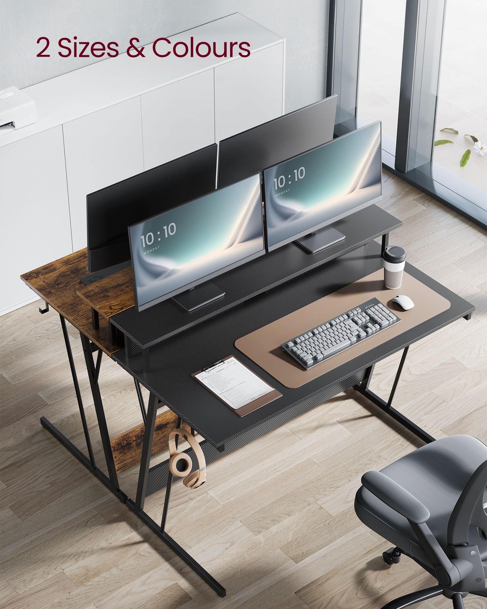 Gaming Desk – Carbon Black – With LED Lights and Built-In Power Outlets, Monitor Shelf for Dual Monitors