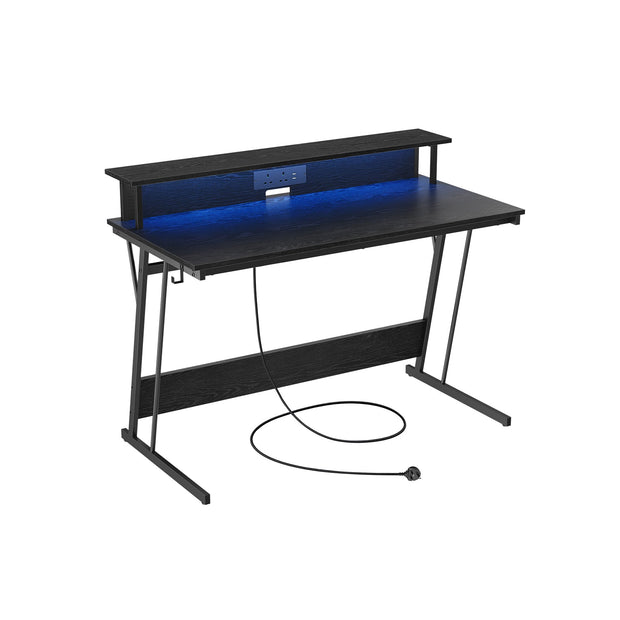 Gaming Desk – MDF and Steel – Black – LED Lighting and Built-In Power Outlets, Monitor Shelf