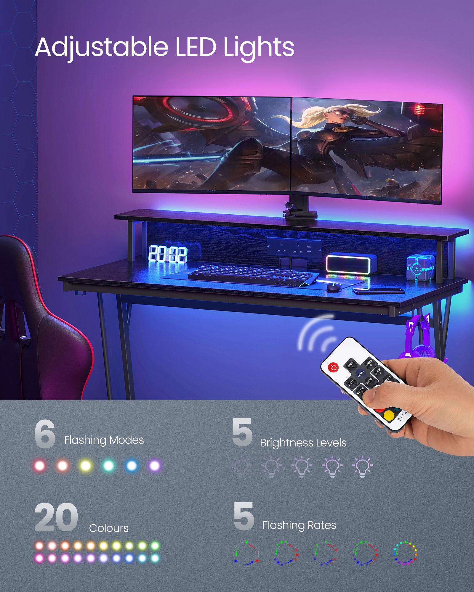 Gaming Desk – MDF and Steel – Black – LED Lighting and Built-In Power Outlets, Monitor Shelf