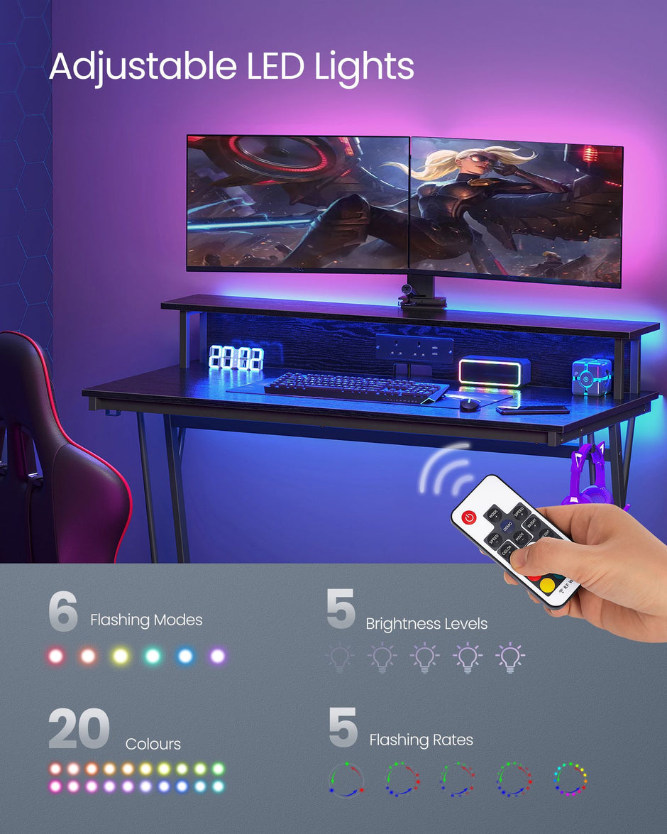 Gaming Desk – MDF and Steel – Black – LED Lighting and Built-In Power Outlets, Monitor Shelf