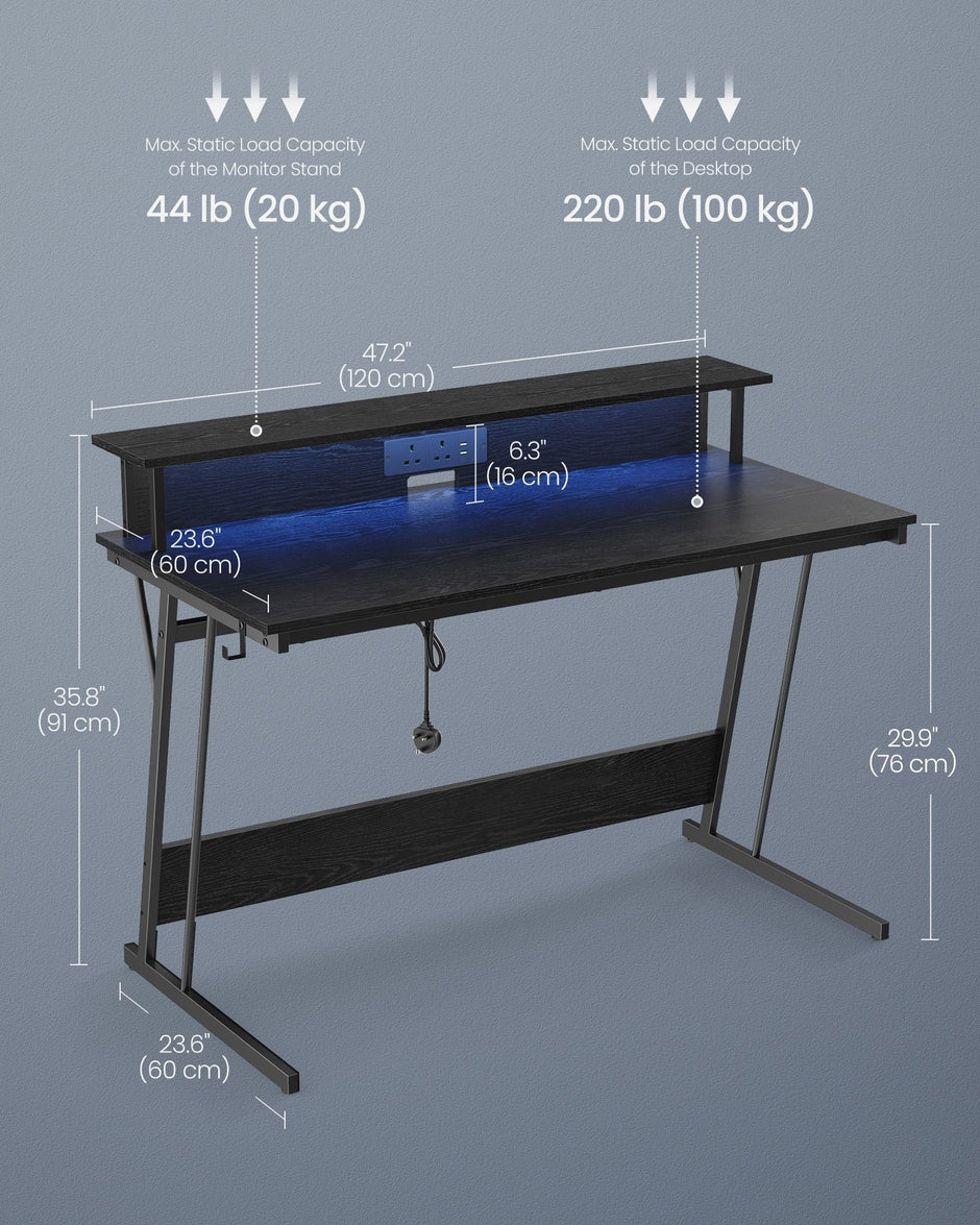 Gaming Desk – MDF and Steel – Black – LED Lighting and Built-In Power Outlets, Monitor Shelf