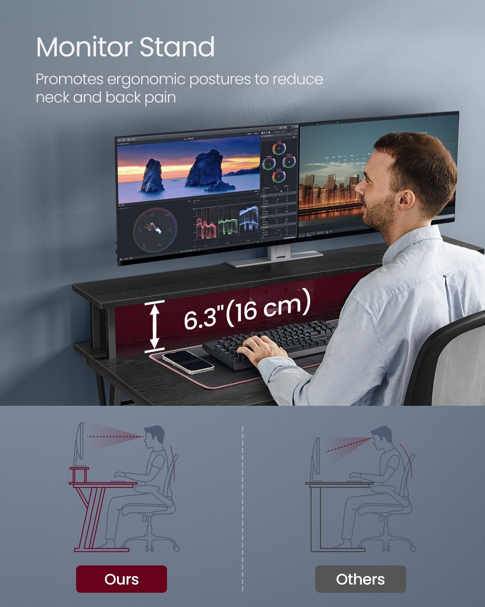 Gaming Desk – MDF and Steel – Black – LED Lighting and Built-In Power Outlets, Monitor Shelf
