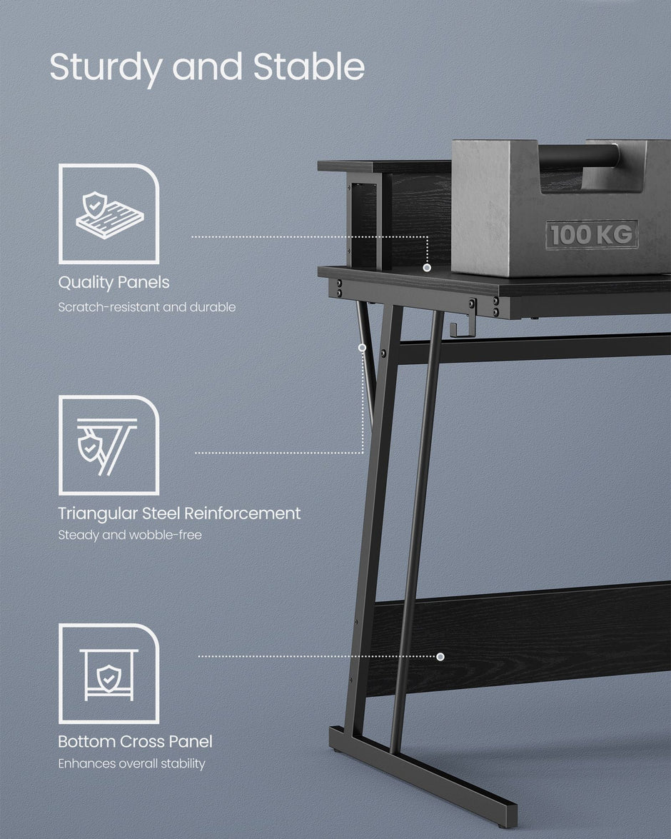 Gaming Desk – MDF and Steel – Black – LED Lighting and Built-In Power Outlets, Monitor Shelf