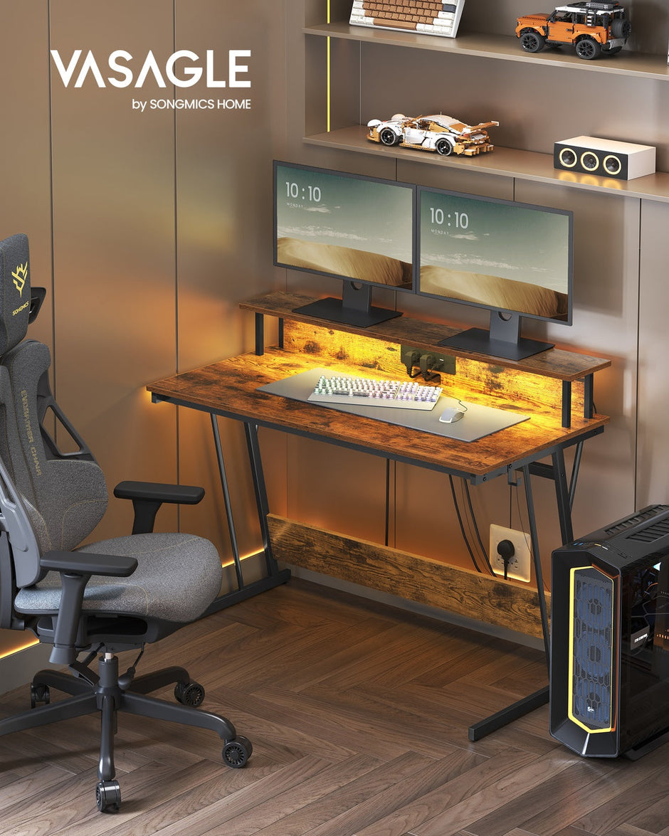 Gaming Desk – MDF and Steel – Black – LED Lighting and Built-In Power Outlets, Monitor Shelf