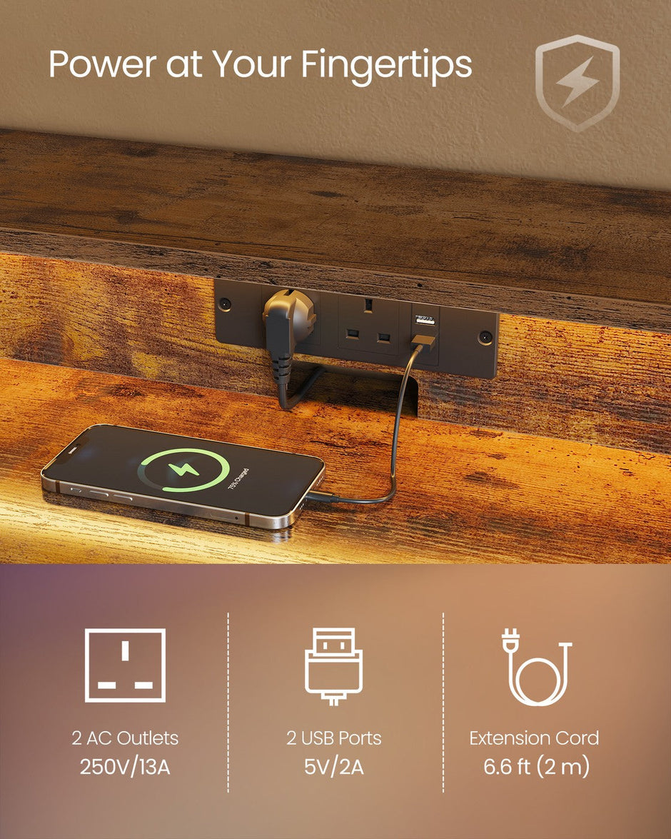Gaming Desk – MDF and Steel – Black – LED Lighting and Built-In Power Outlets, Monitor Shelf