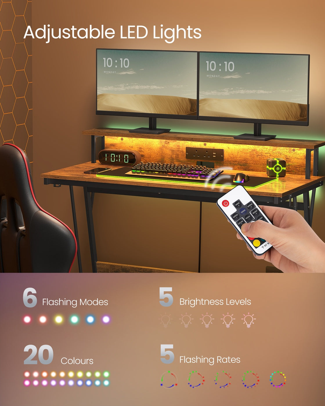 Gaming Desk – MDF and Steel – Black – LED Lighting and Built-In Power Outlets, Monitor Shelf