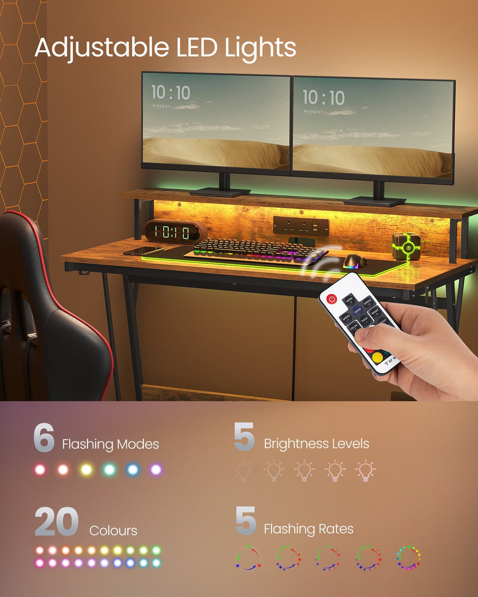 Gaming Desk – MDF and Steel – Black – LED Lighting and Built-In Power Outlets, Monitor Shelf