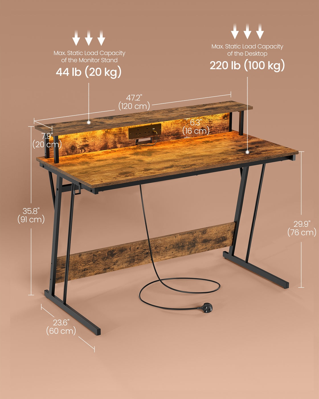 Gaming Desk – MDF and Steel – Black – LED Lighting and Built-In Power Outlets, Monitor Shelf