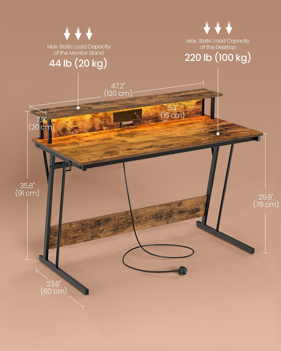 Gaming Desk – MDF and Steel – Black – LED Lighting and Built-In Power Outlets, Monitor Shelf
