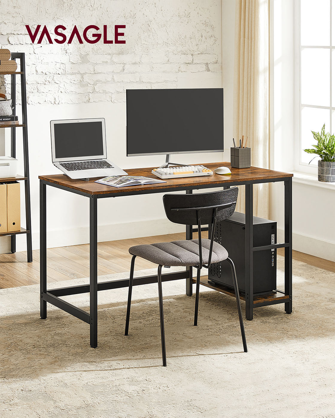 Computer Desk – Wood and Metal – Rustic Brown – With Shelves for Versatile Use