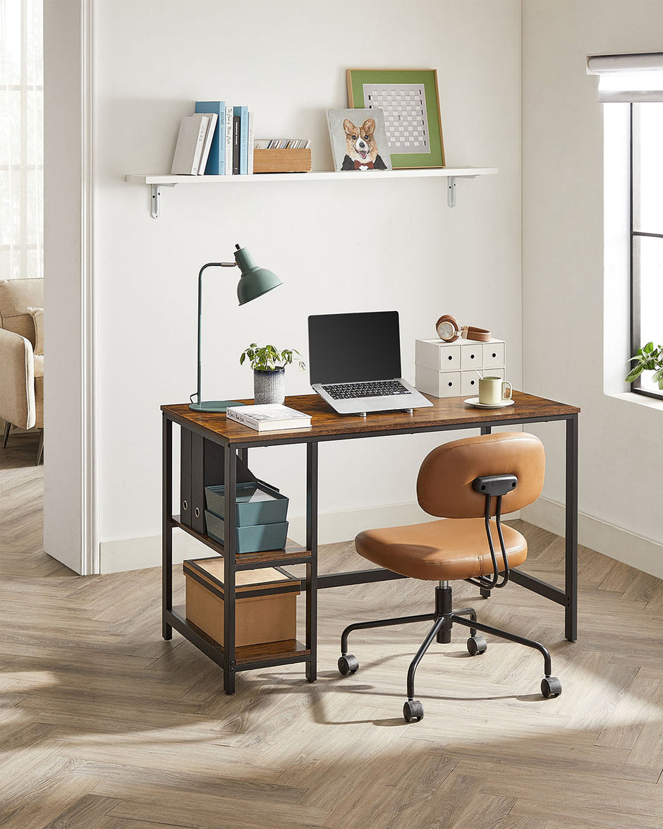 Computer Desk – Wood and Metal – Rustic Brown – With Shelves for Versatile Use