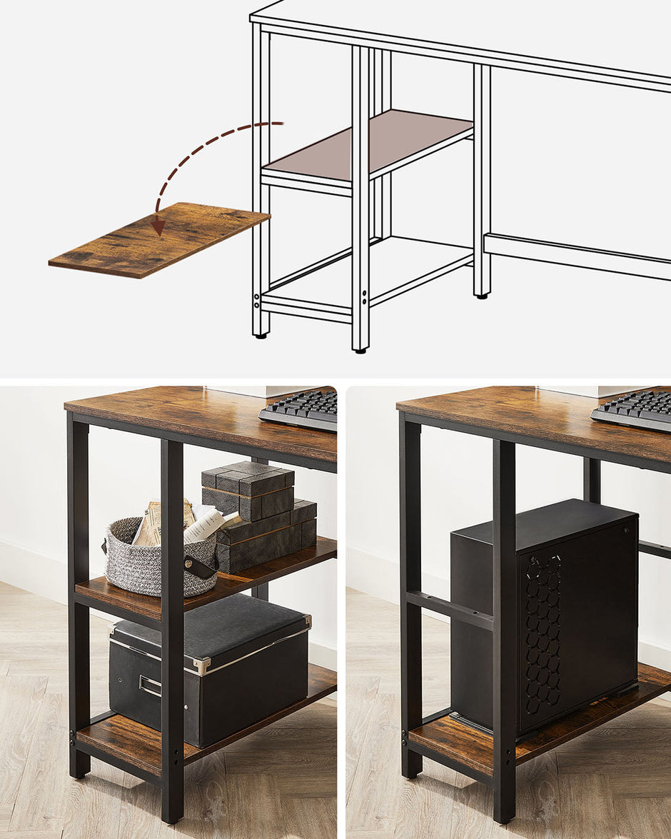 Computer Desk – Wood and Metal – Rustic Brown – With Shelves for Versatile Use
