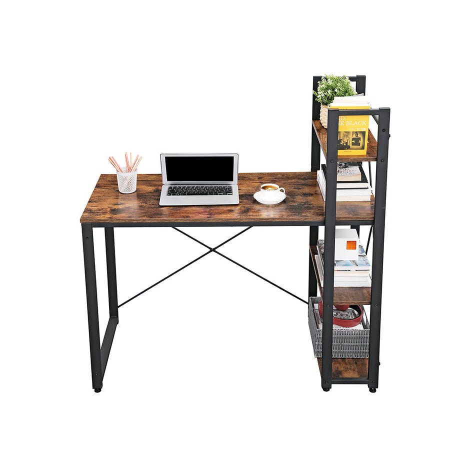 Computer Desk – Wood and Metal – Rustic Brown and Black – 120 cm with Storage Shelves