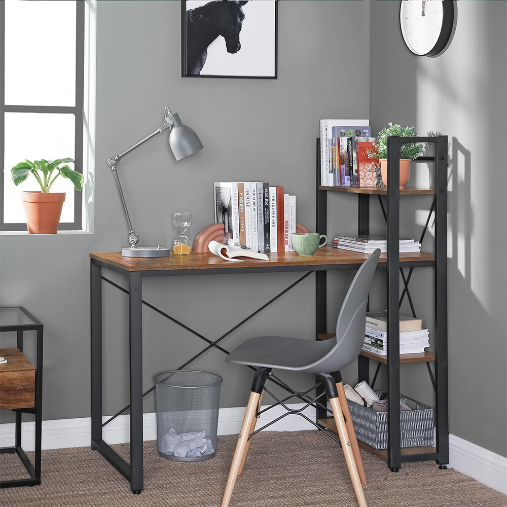 Computer Desk – Wood and Metal – Rustic Brown and Black – 120 cm with Storage Shelves