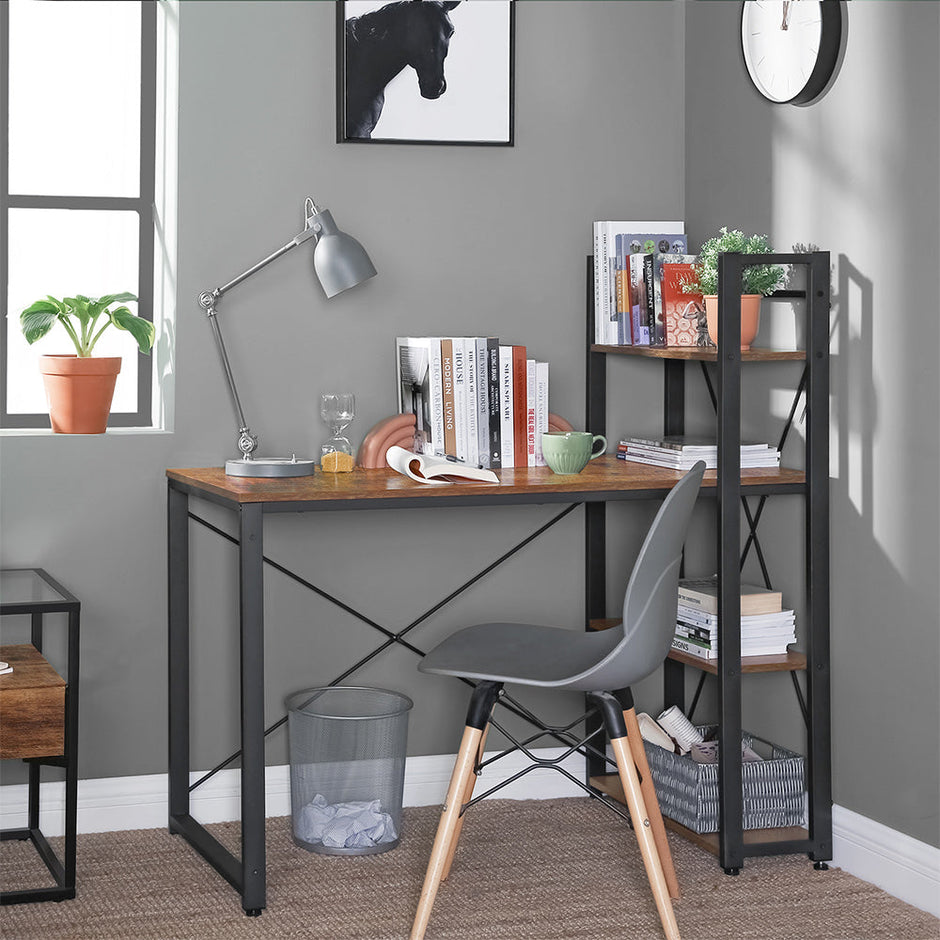 Computer Desk – Wood and Metal – Rustic Brown and Black – 120 cm with Storage Shelves
