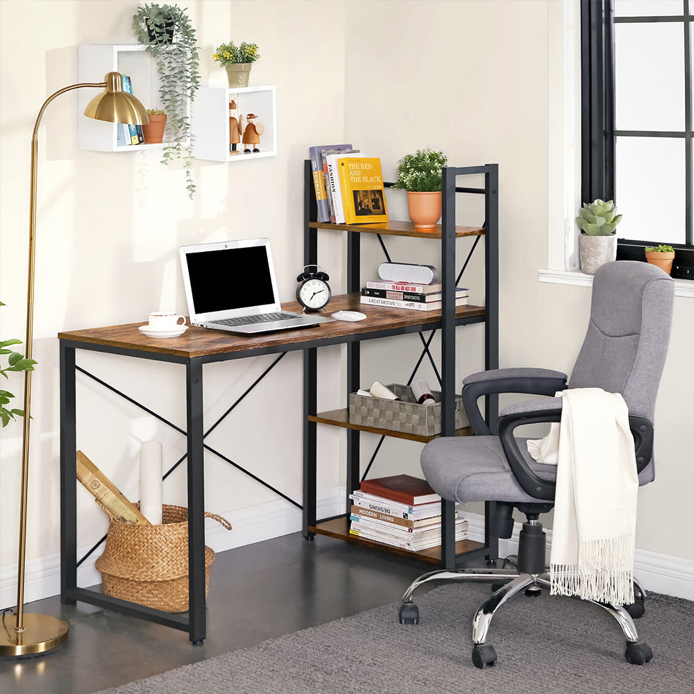 Computer Desk – Wood and Metal – Rustic Brown and Black – 120 cm with Storage Shelves