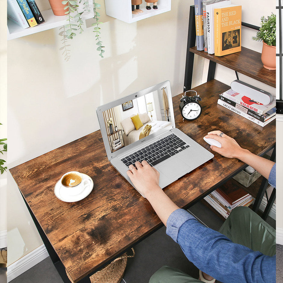 Computer Desk – Wood and Metal – Rustic Brown and Black – 120 cm with Storage Shelves