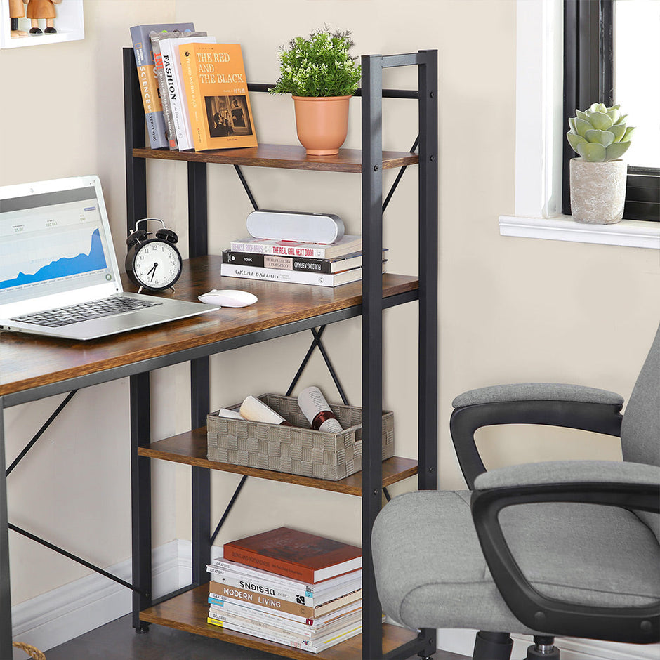 Computer Desk – Wood and Metal – Rustic Brown and Black – 120 cm with Storage Shelves