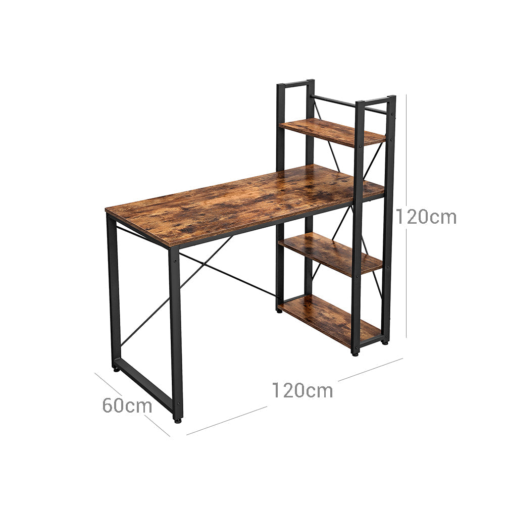 Computer Desk – Wood and Metal – Rustic Brown and Black – 120 cm with Storage Shelves