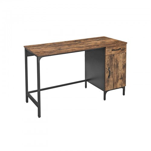 Computer Desk – Metal and Wood – Rustic Brown – Features Drawer and Cabinet