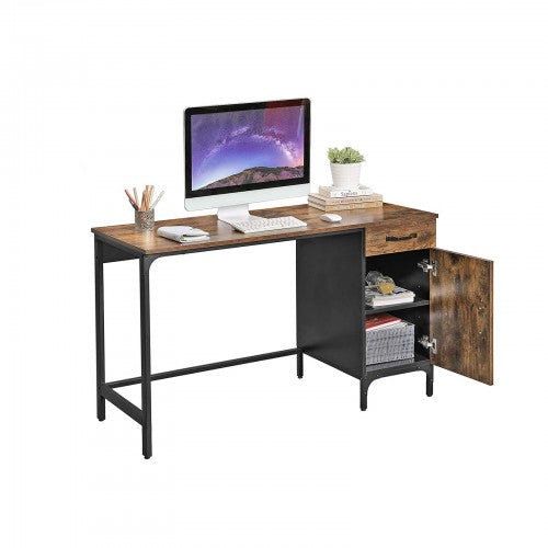 Computer Desk – Metal and Wood – Rustic Brown – Features Drawer and Cabinet