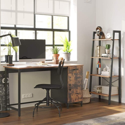 Computer Desk – Metal and Wood – Rustic Brown – Features Drawer and Cabinet