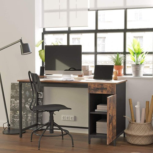 Computer Desk – Metal and Wood – Rustic Brown – Features Drawer and Cabinet