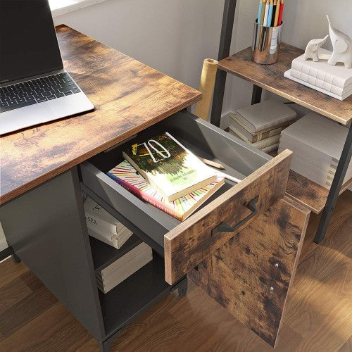 Computer Desk – Metal and Wood – Rustic Brown – Features Drawer and Cabinet