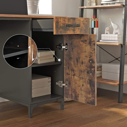 Computer Desk – Metal and Wood – Rustic Brown – Features Drawer and Cabinet
