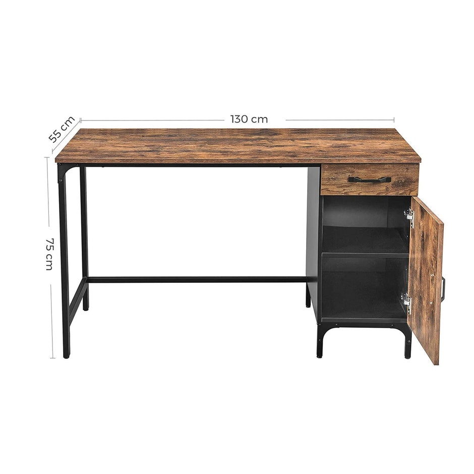 Computer Desk – Metal and Wood – Rustic Brown – Features Drawer and Cabinet