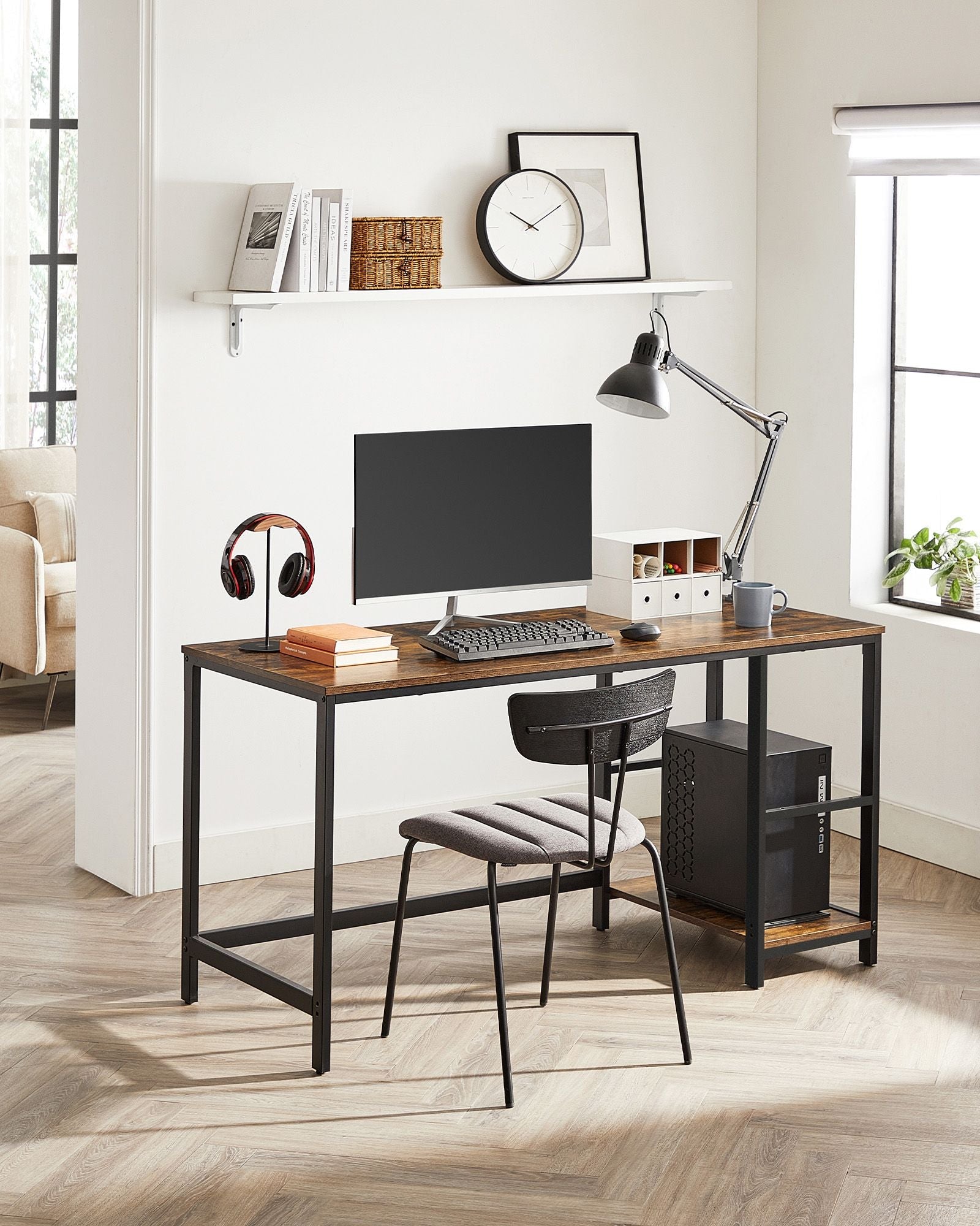 Computer Desk – Steel – Rustic Brown and Black – With 2 Shelves