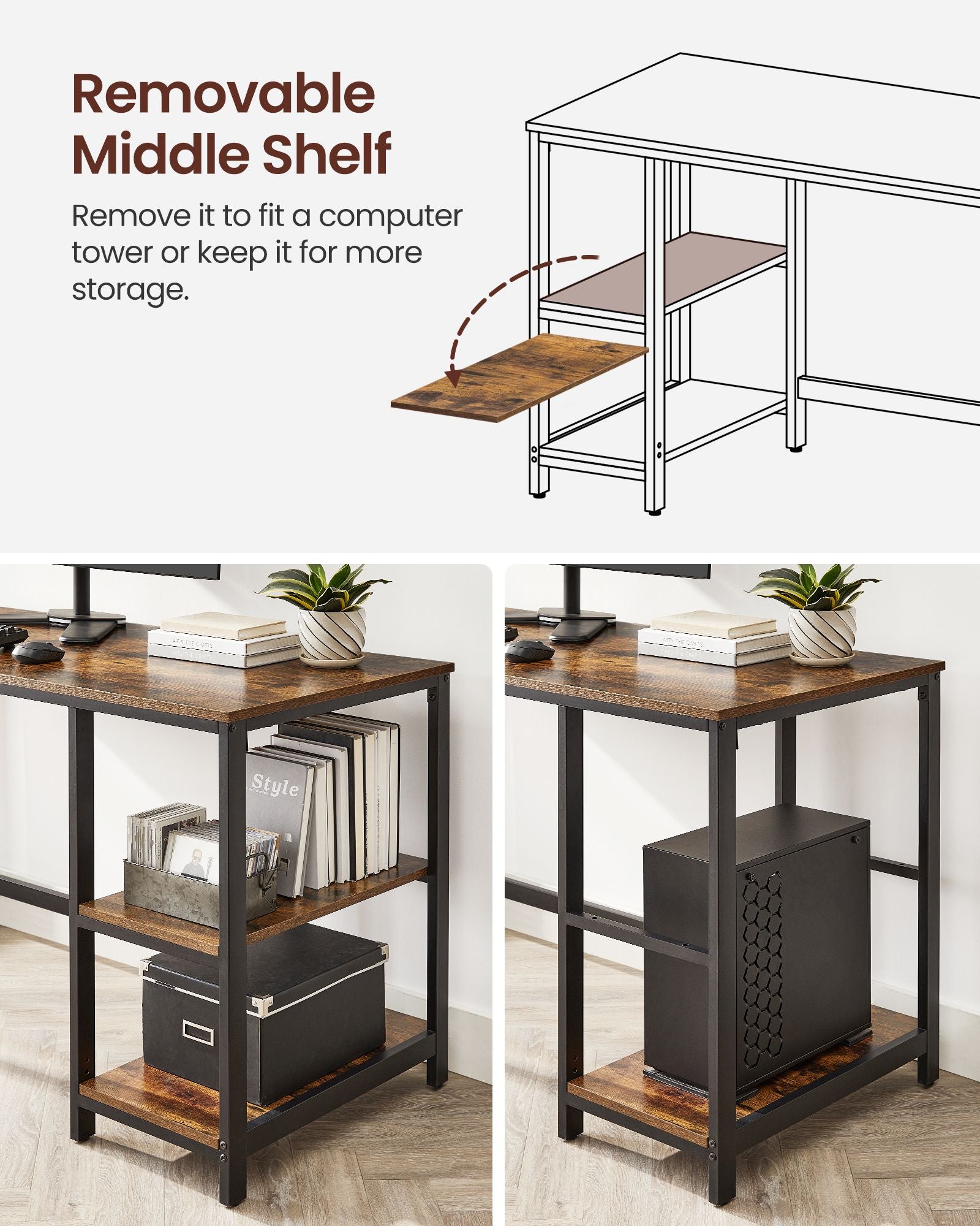 Computer Desk – Steel – Rustic Brown and Black – With 2 Shelves