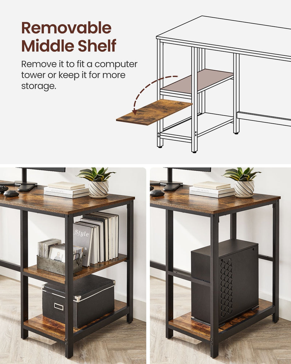 Computer Desk – Steel – Rustic Brown and Black – With 2 Shelves