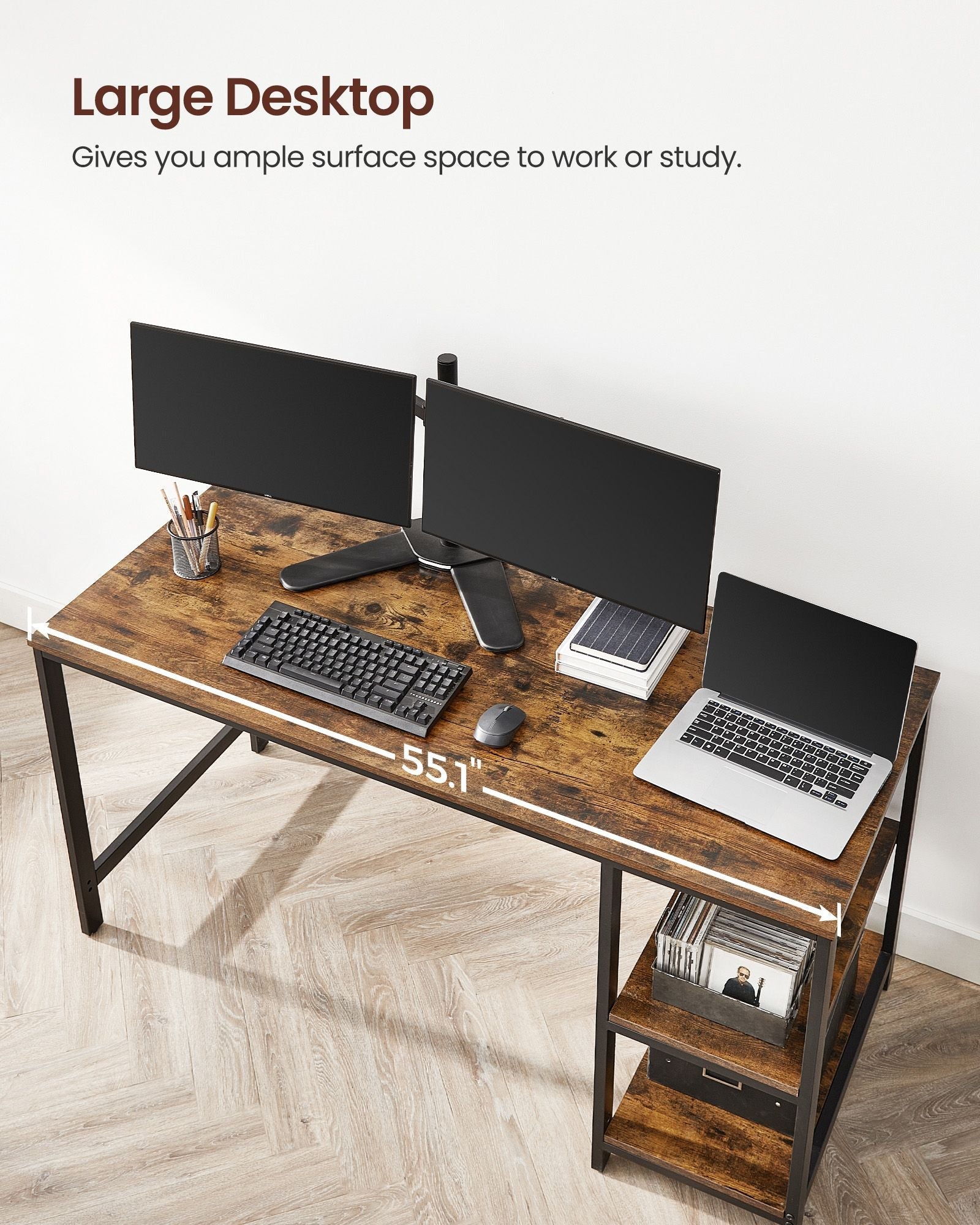 Computer Desk – Steel – Rustic Brown and Black – With 2 Shelves