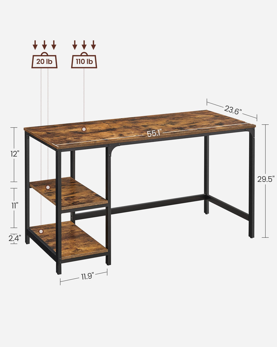 Computer Desk – Steel – Rustic Brown and Black – With 2 Shelves