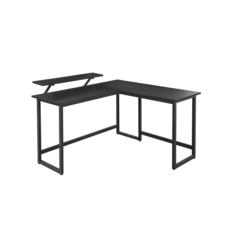 L-Shaped Desk – Wood and Metal – Rustic Brown and Black – Integrated Monitor Stand and Space-Saving Design